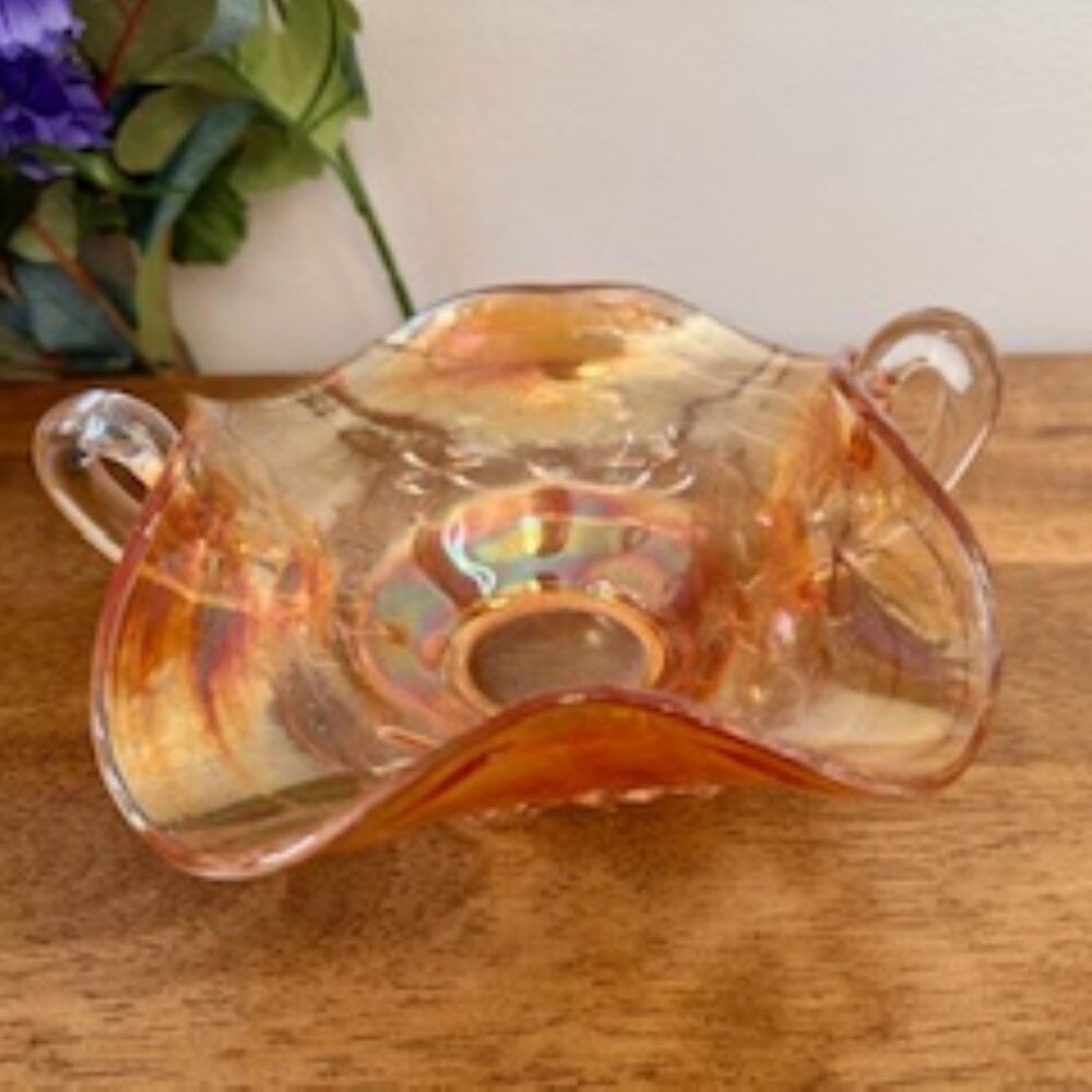 Vintage Marigold Carnival Glass Bowl with Double Handles – Iridescent‎ Elegance